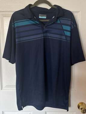 PGA TOUR Mens Navy Blue Striped Performance Short Sleeve Golf Polo Shirt
